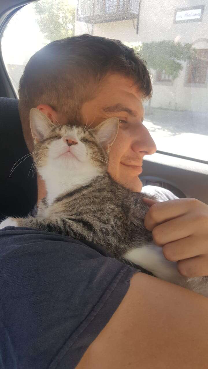 Man cuddling with cat
