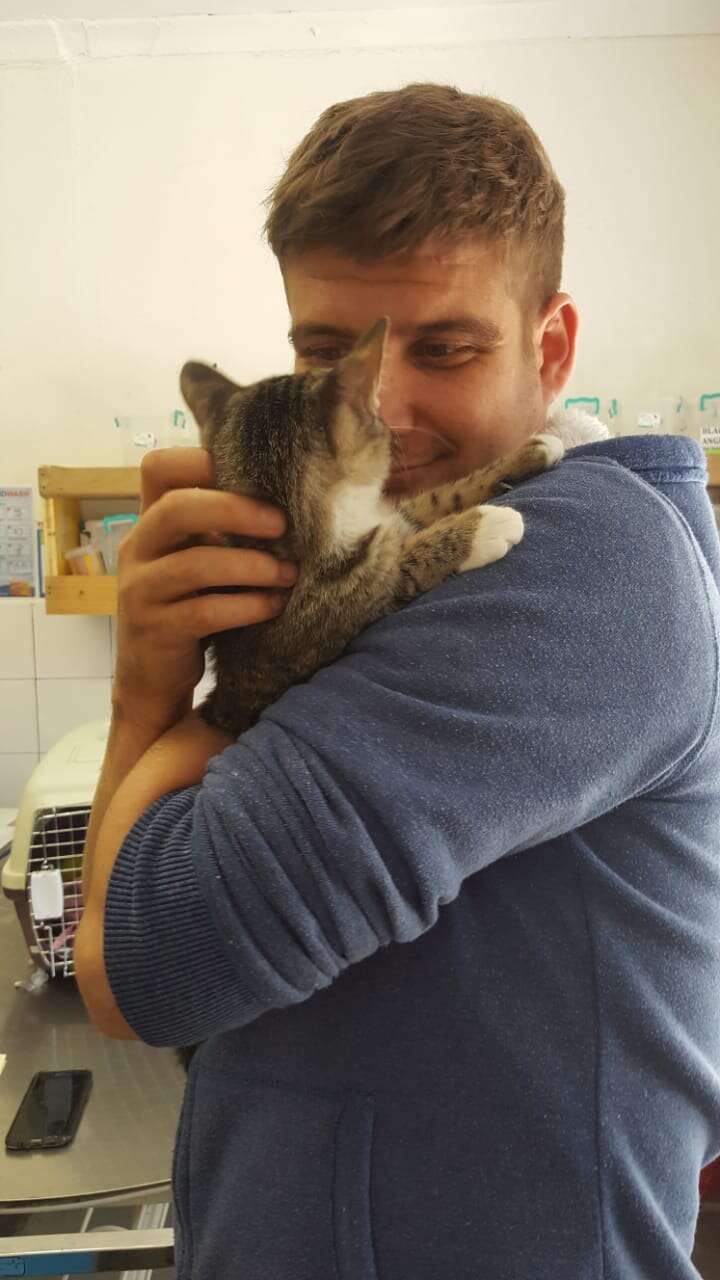 Cat cuddling with man