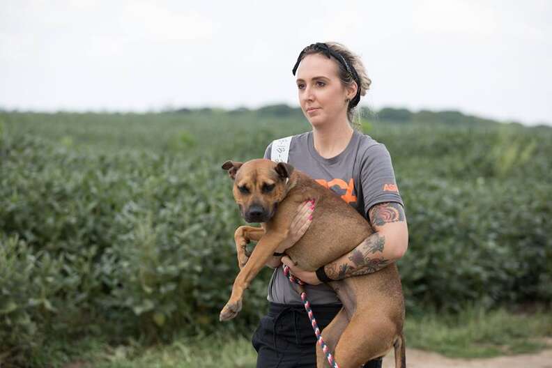 Mujer cargando en brazos a un perro rescatado