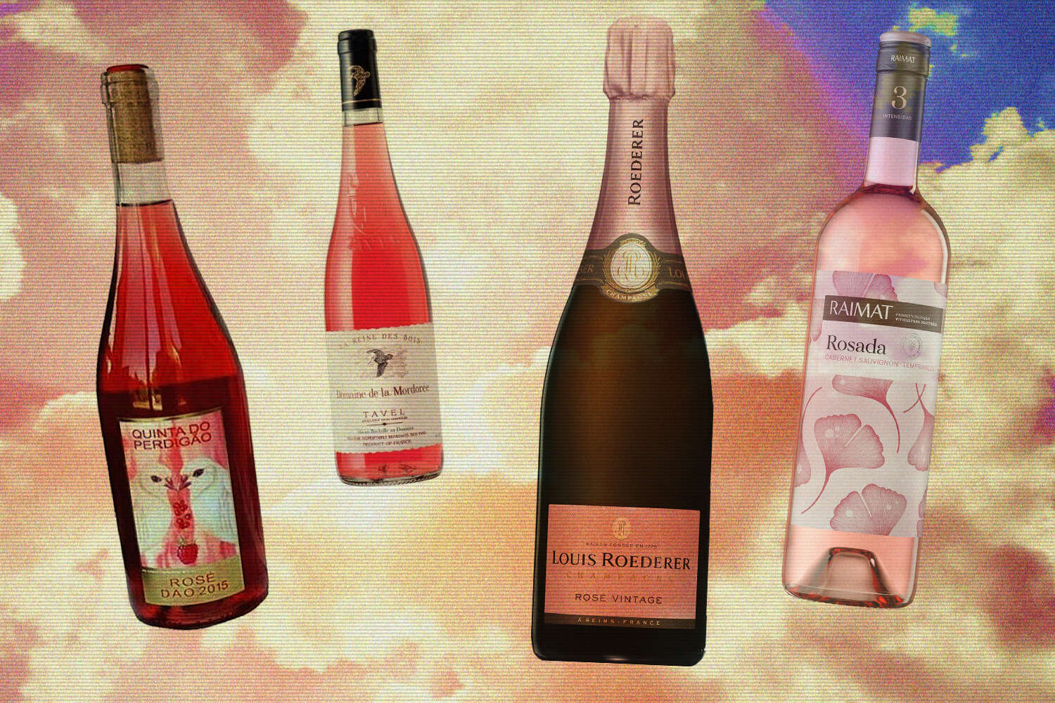 rosé wine bottles in the sky illustration