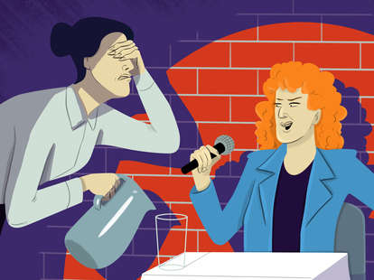 restaurant customer telling jokes to server (illustration)