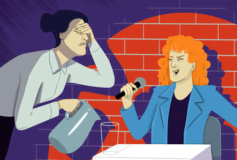 restaurant customer telling jokes to server (illustration)