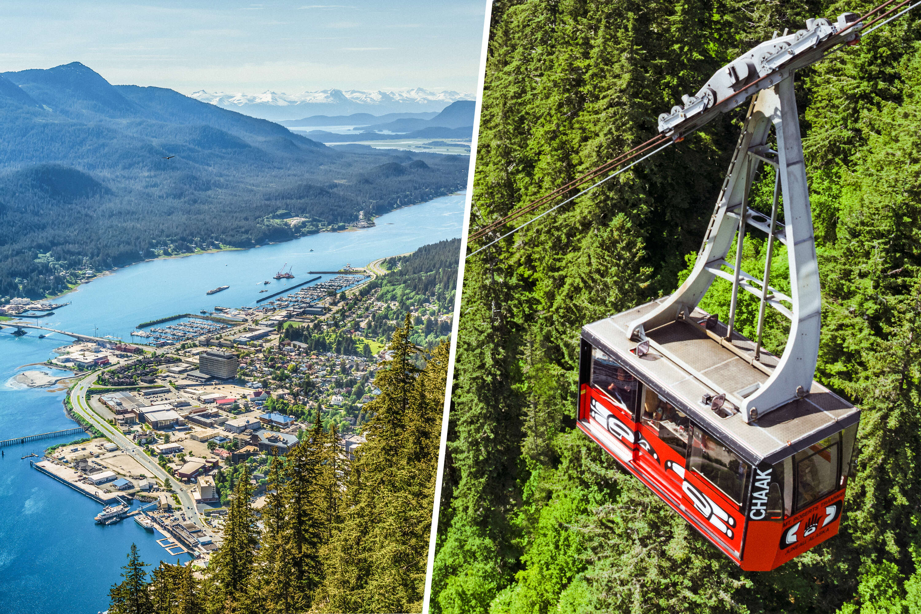 Two photos of aerial views from the Mt. Roberts Tramway