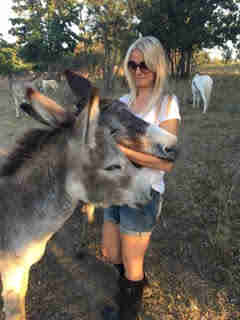 Rescued donkey gets a hug from rescuer
