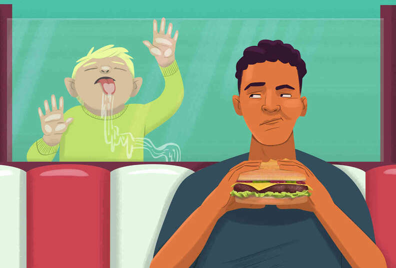 illustration of kid licking window while man eats burger
