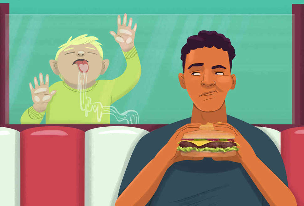 illustration of kid licking window while man eats burger