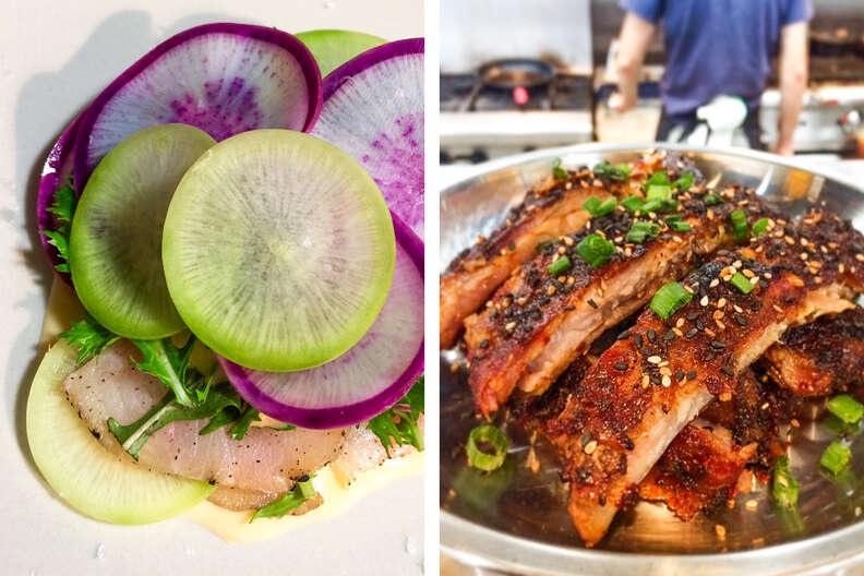 crudo with radishes (left), ribs (right)