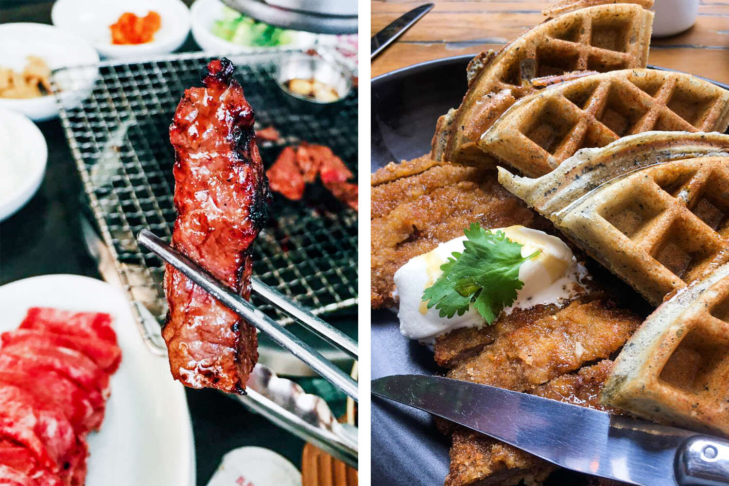 meat in chopsticks (left); waffles and meat (right)