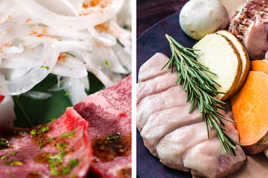 Korean food plates with different meats