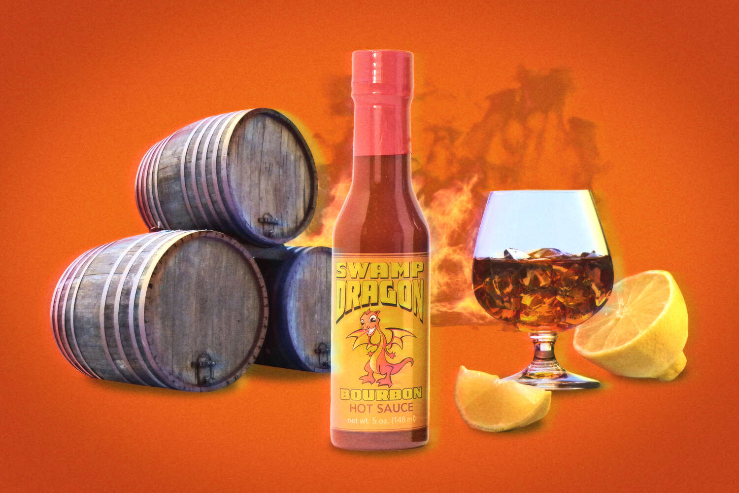 Swamp Dragon bourbon hot sauce depiction with barrels, a glass, a lemon, and fire in background