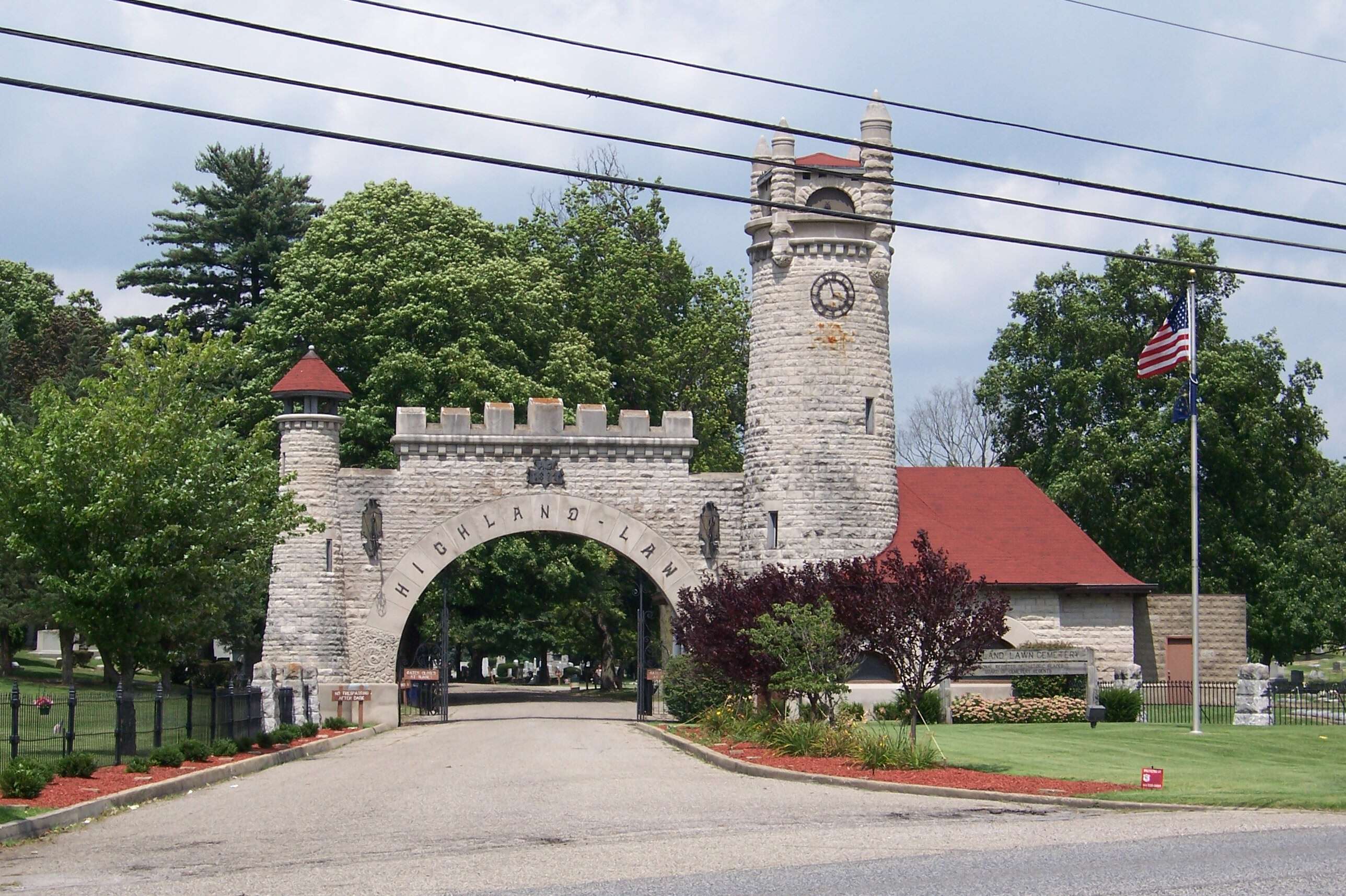 Castle-like stone archway over road