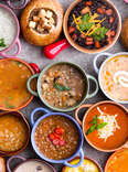 aerial view of bowls of soups on a table