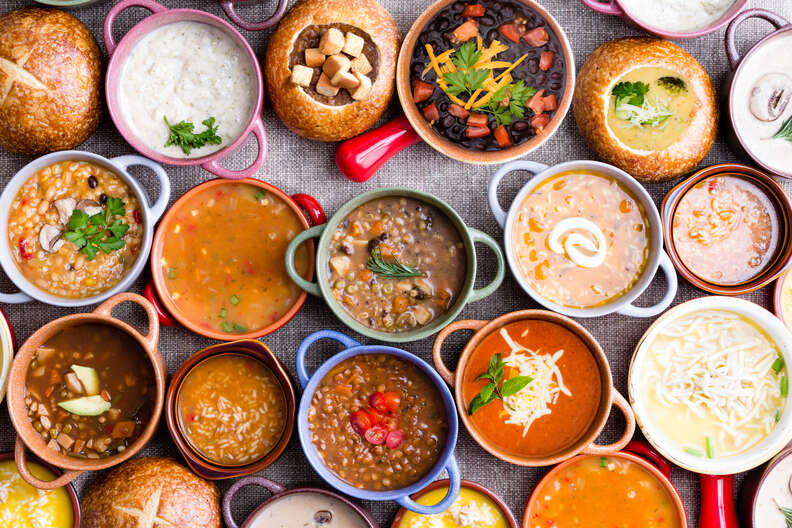 aerial view of bowls of soups on a table