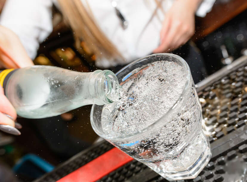 Bottle of sparkling water club soda, soda water, seltzer water Selters  fizzy water with glass on table Spain Stock Photo - Alamy