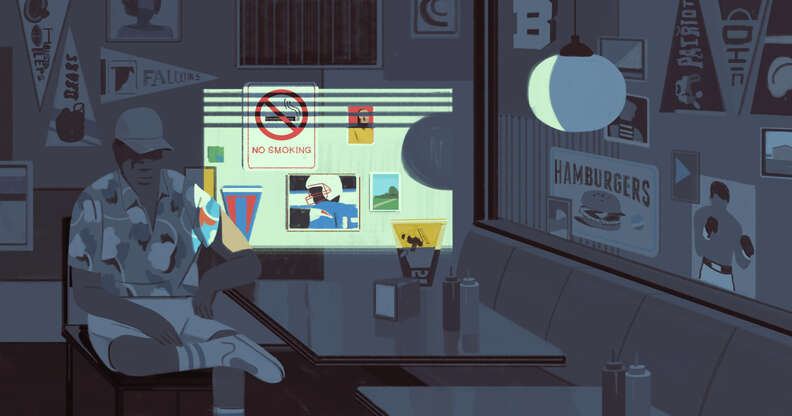 illustration of man in dark restaurant