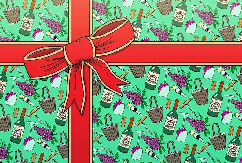 illustration of gift wrapped in wine printed wrapping paper