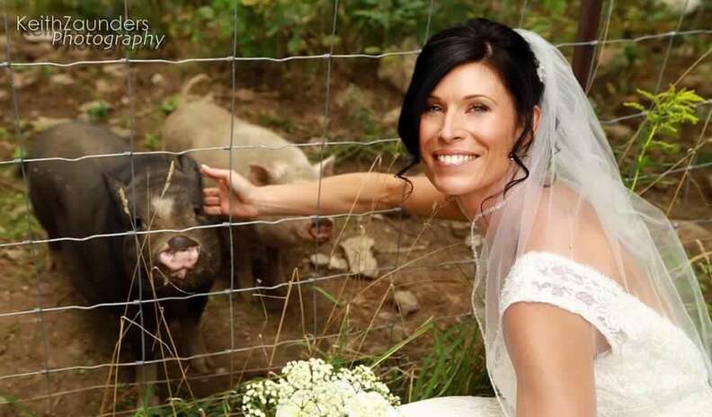 Bride with rescued pigs