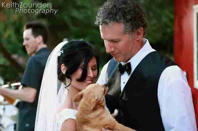 Bride and groom with rescue dog