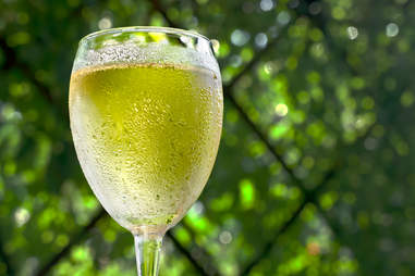 white wine in sweaty glass in front of green leaves