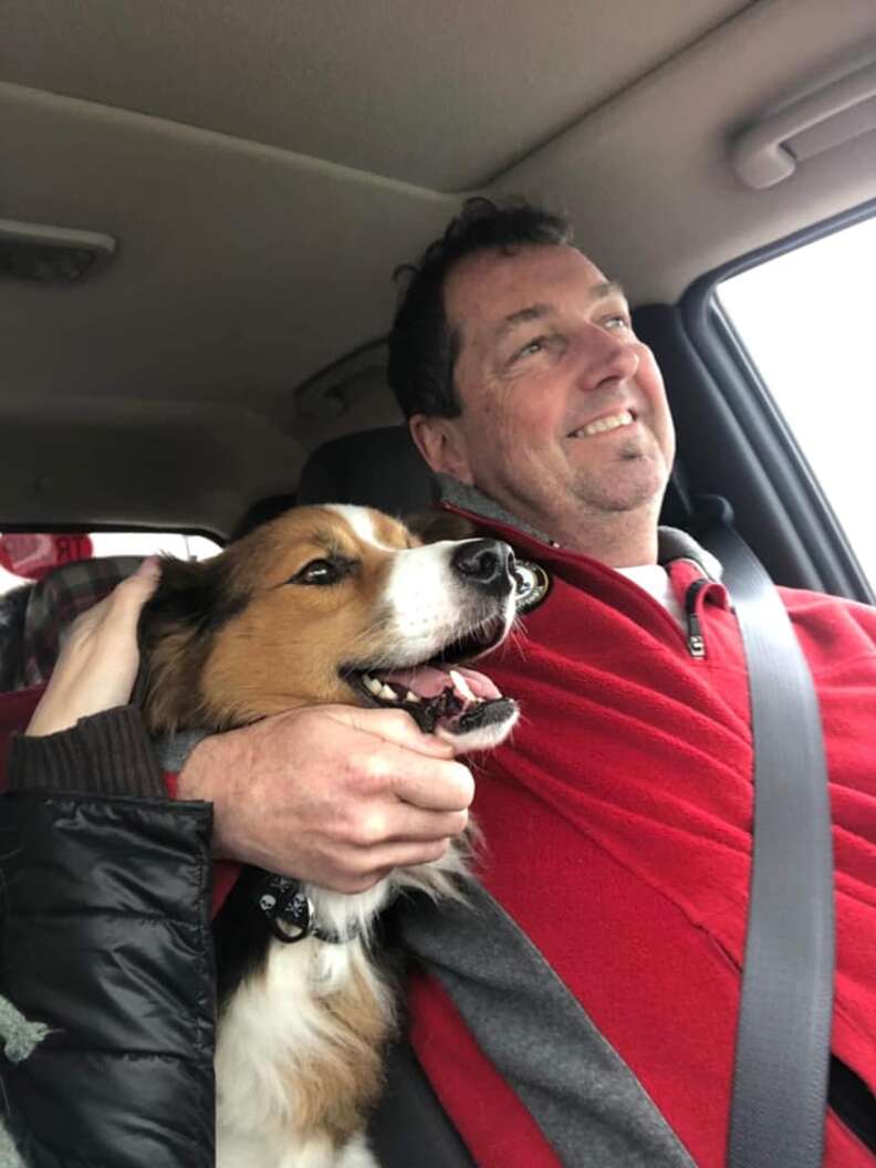 Jake the dog smiles on his way to his forever home