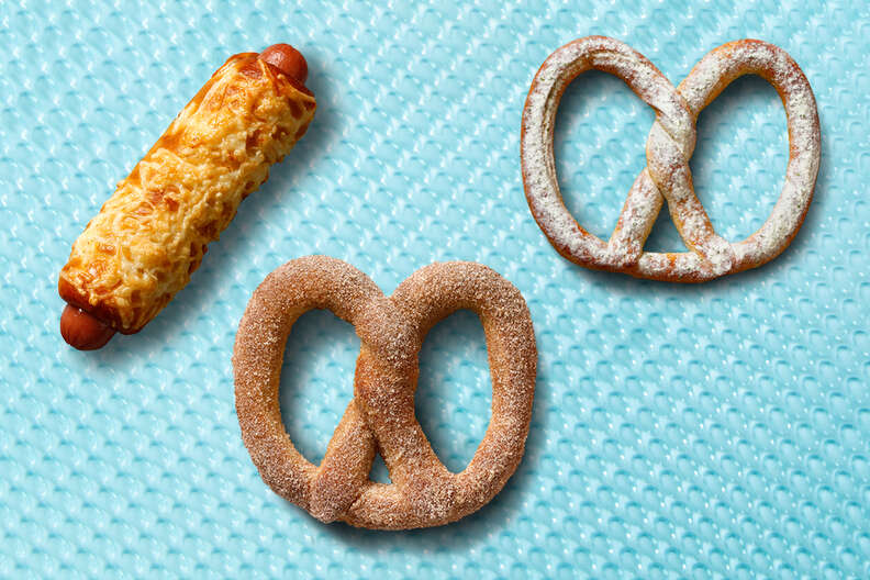 auntie anne's cheese pretzel dog cinnamon sugar pretzel and sour cream and onion pretzel