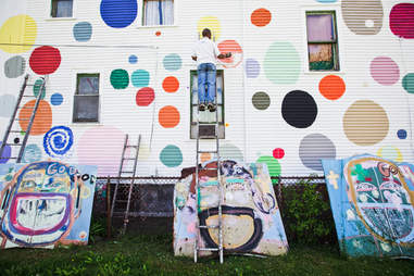 The Heidelberg Street Project is a two-block public art display made up of found objects and unique paint patterns.