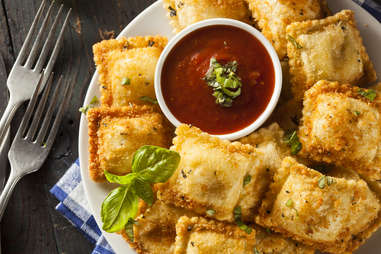 Homemade Fried Ravioli with Marinara Sauce and Basil