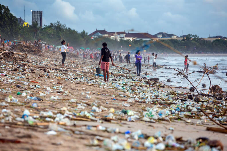 Beach covered in plastic trash