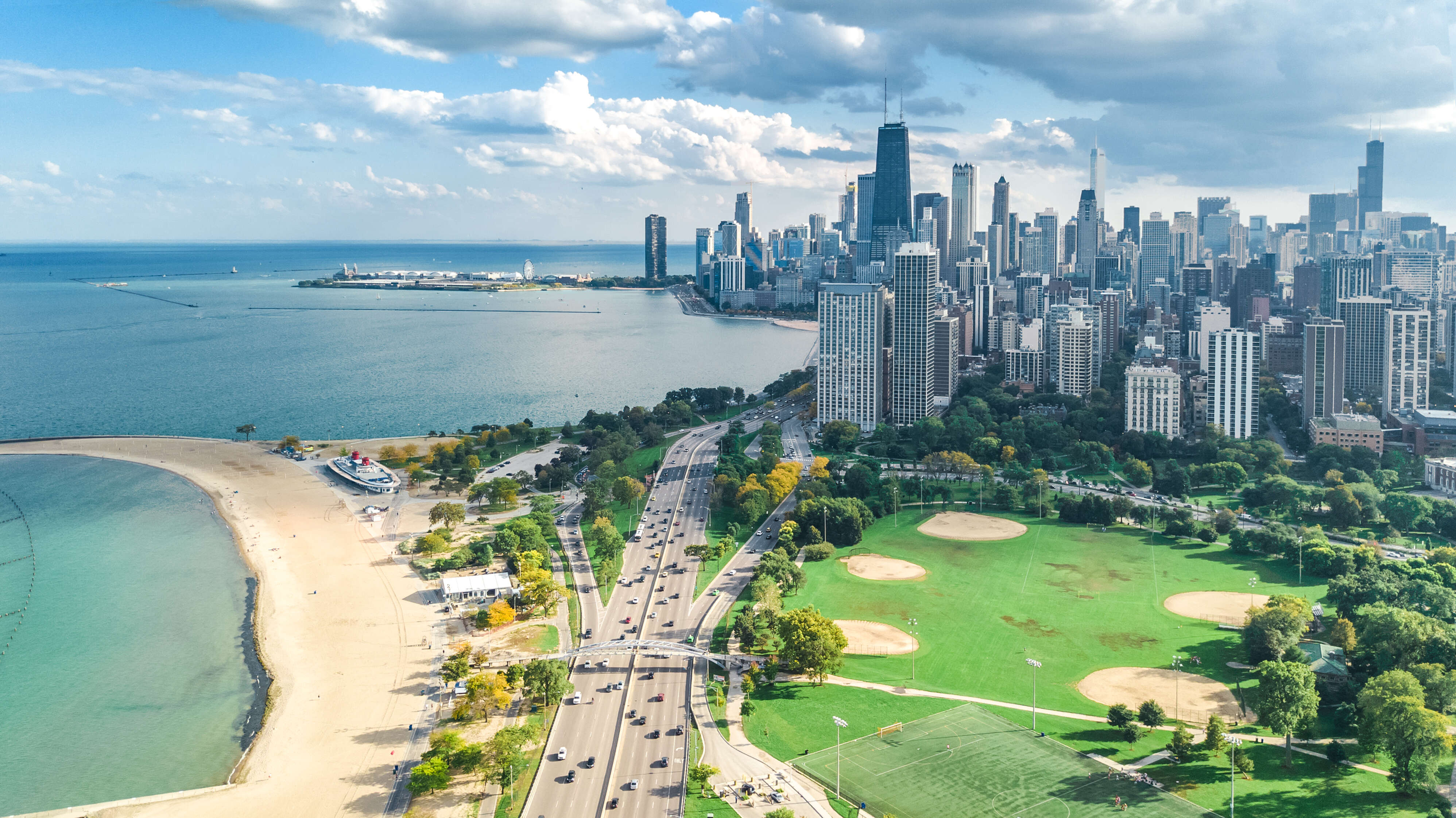 Chicago skyline aerial drone 