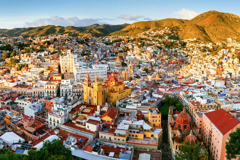 bird's eye view of a super colorful mountain city