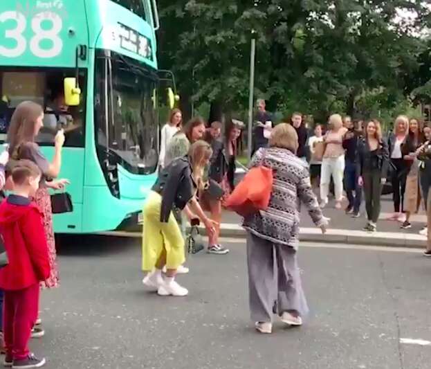 People helping ducks cross the street in Glasgow, Scotland