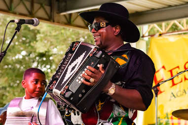 American Zydeco musician Nathan Williams plays accordion with his band,