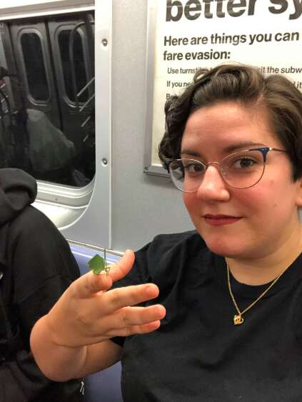 A New Yorker holds a katydid on the subway