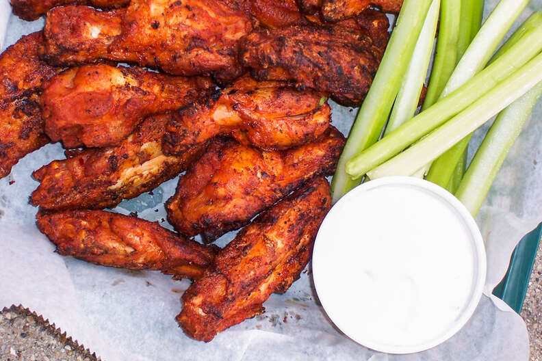 wings, celery, and ranch dipping sauce