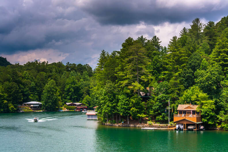 cabins alongside a lake