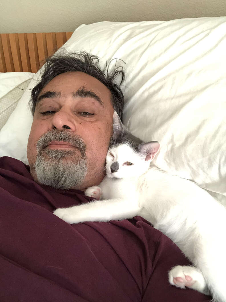 Cat snuggled against man's neck