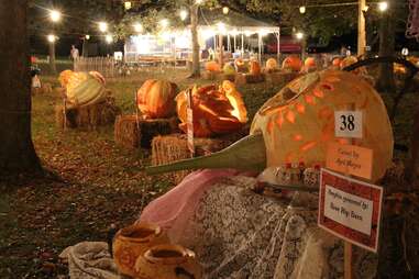 intricately carved pumpkins on hay bales