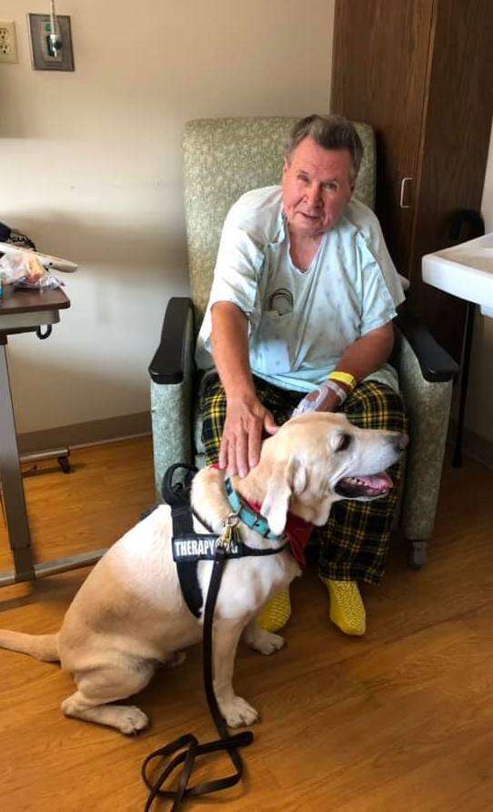 Benji the therapy dog visits a hospital patient