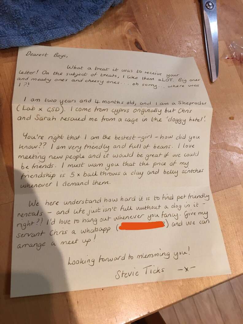The letter Stevie the dog sent to her neighbors
