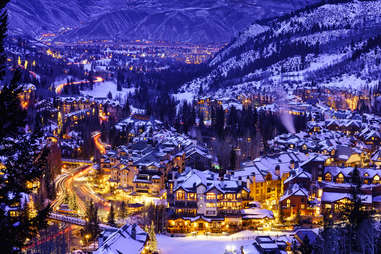 a large snowy village in the Colorado mountains