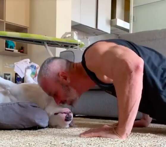 Sparky gets a kiss while his dad does a push-up