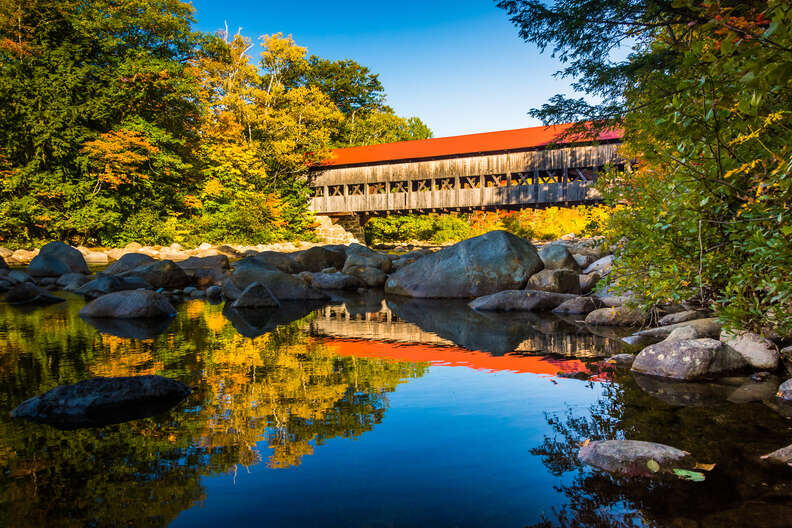 covered bridge over a river in a forest