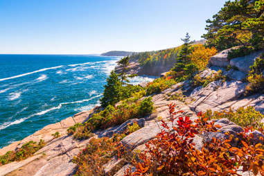 A waterside view with rocks and trees