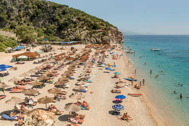aerial view of beachgoers in himare, albania