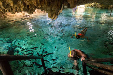 person snorkeling in cave pool