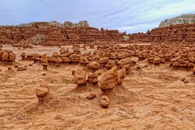 a field of bright red rocks in a canyon