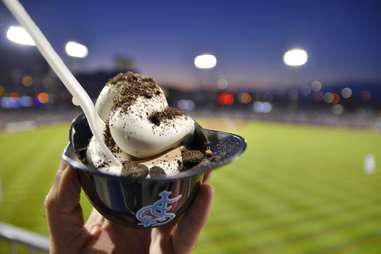 soft serve ice cream in a baseball helmet