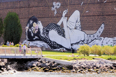WNYC Transmitter Park mural along the East River in Greenpoint
