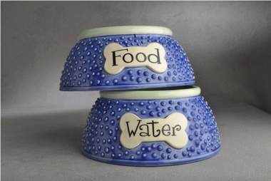 blue food and water dog bowl