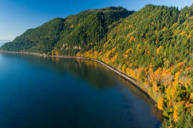 a road between a lake and a foliage-covered mountain